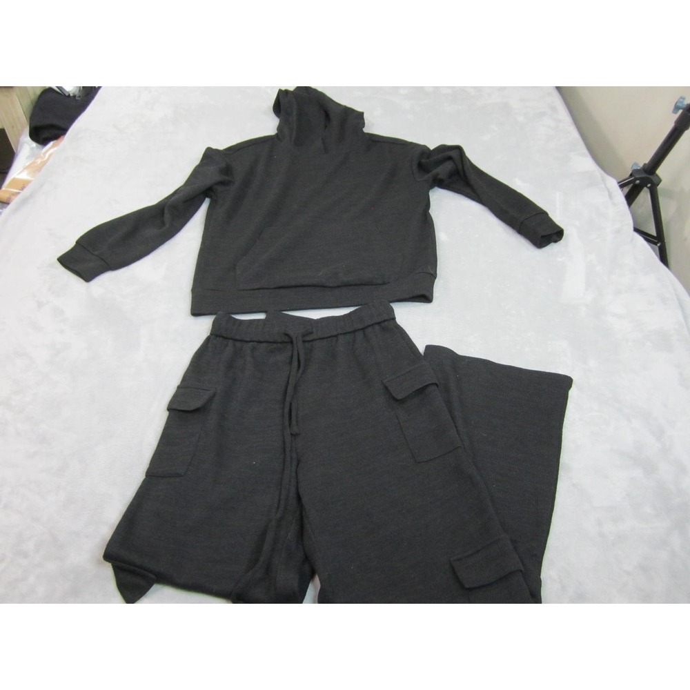 PrettyGarden Lounge Set Women Small Black Cargo Pants Hoodie Knit 2pc